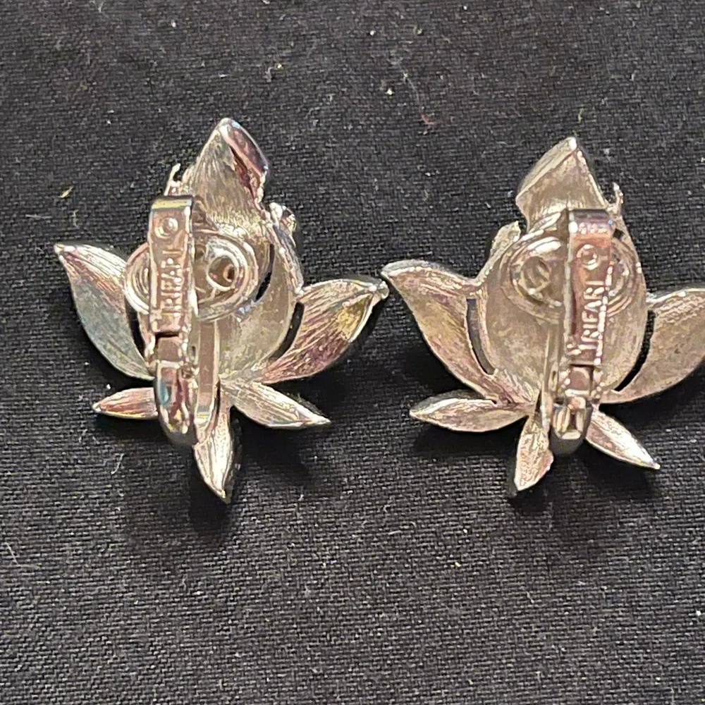 1960s Crown Trifari Silver Tone Blooming Rose Clip Earrings